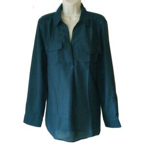 Ann Taylor V-Neck Collared Long Sleeve Blouse L Teal Blue